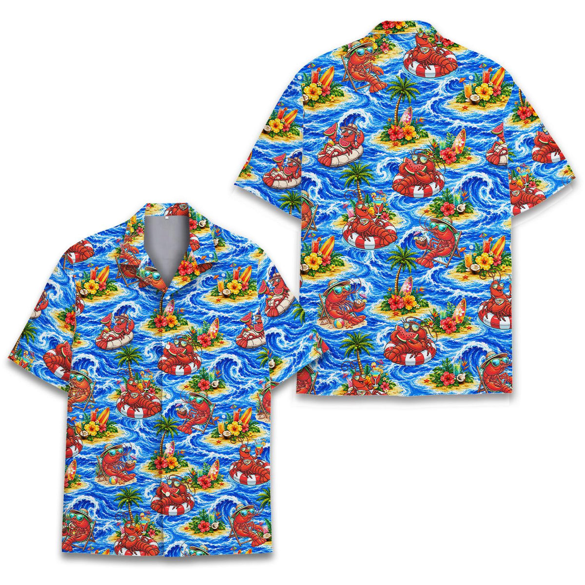 Front view of the tropical ocean wave polyester hawaiian shirt