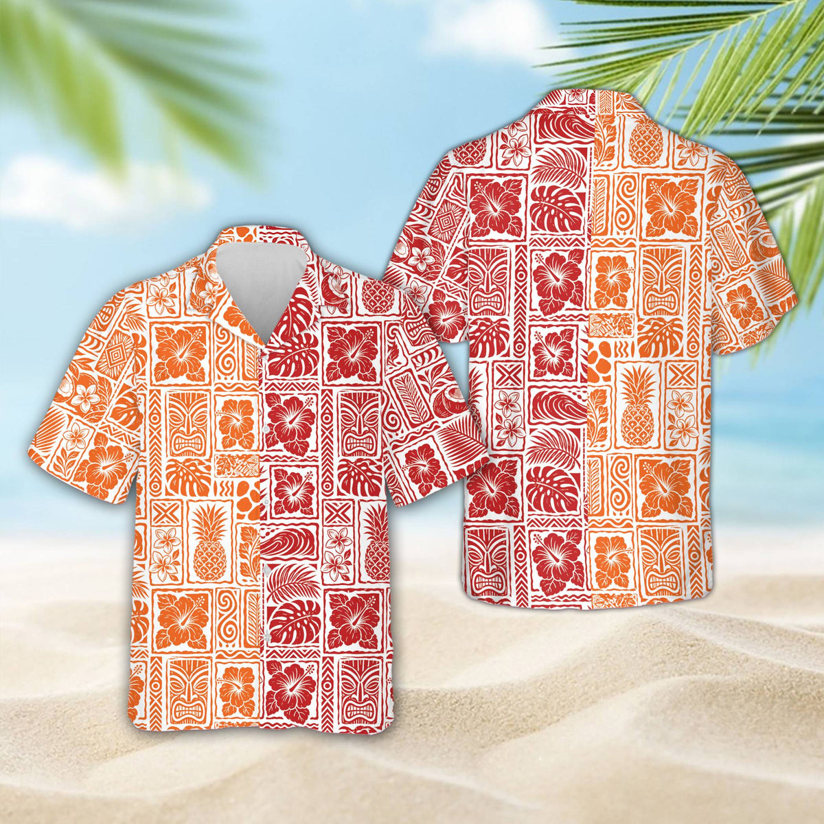 Full front view of the matching family hawaiian shirt with button-down styling
