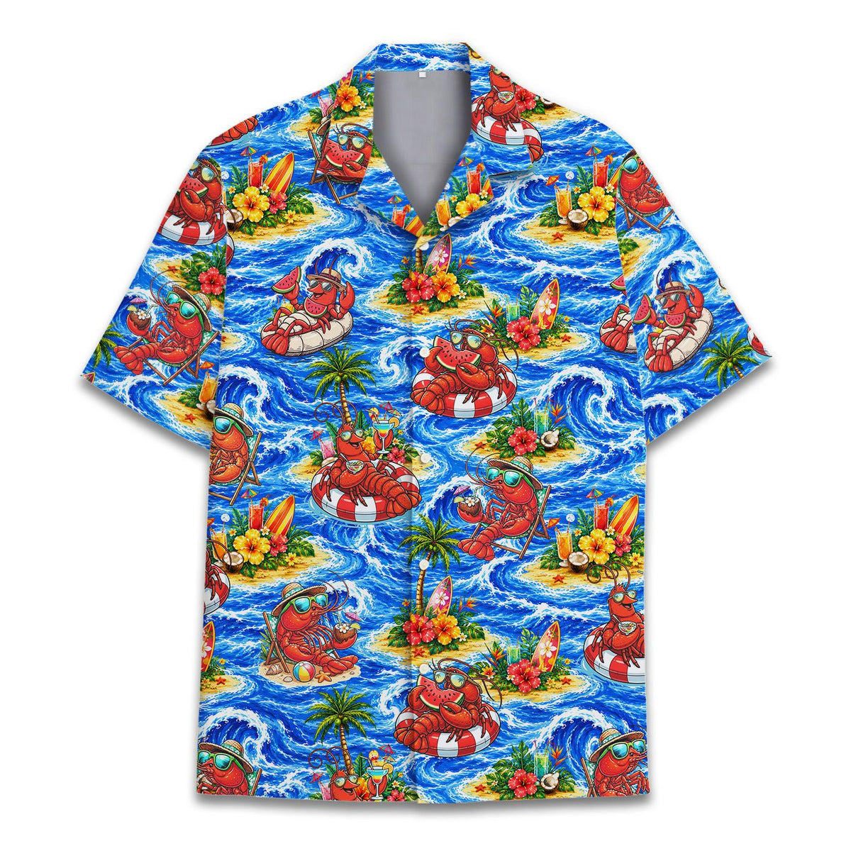 Family matching hawaiian shirt with lobsters in inner tubes, front view