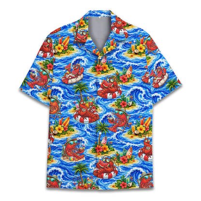 Family matching hawaiian shirt with lobsters in inner tubes, front view