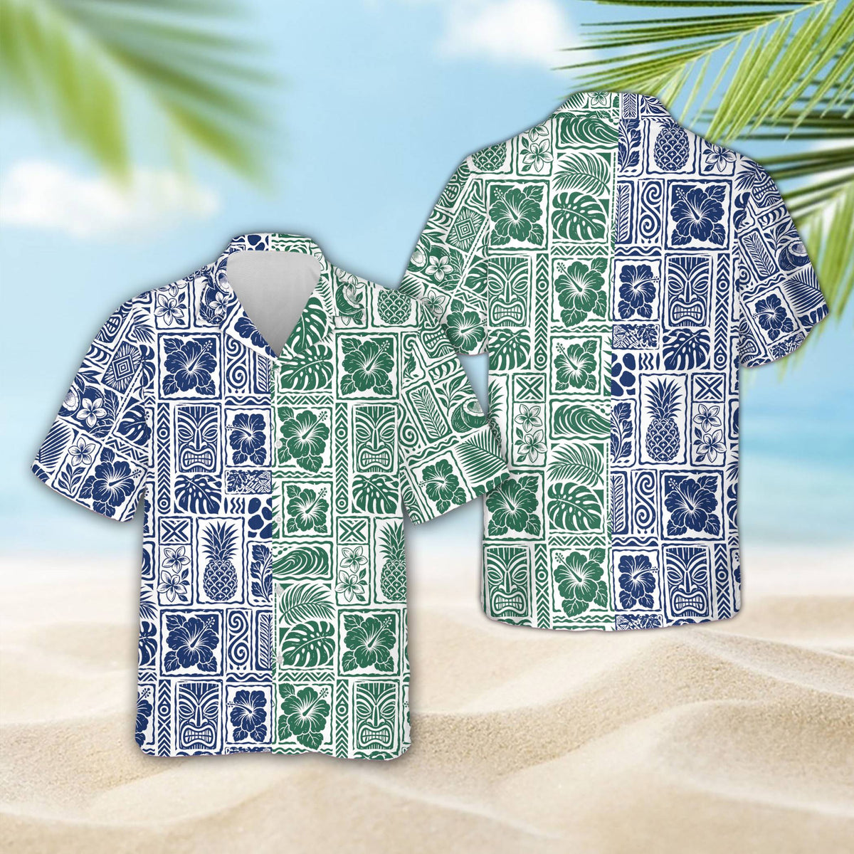 Close up front view of the polyester matching family hawaiian shirt showing the tiki mask grid pattern