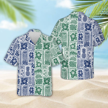 Close up front view of the polyester matching family hawaiian shirt showing the tiki mask grid pattern