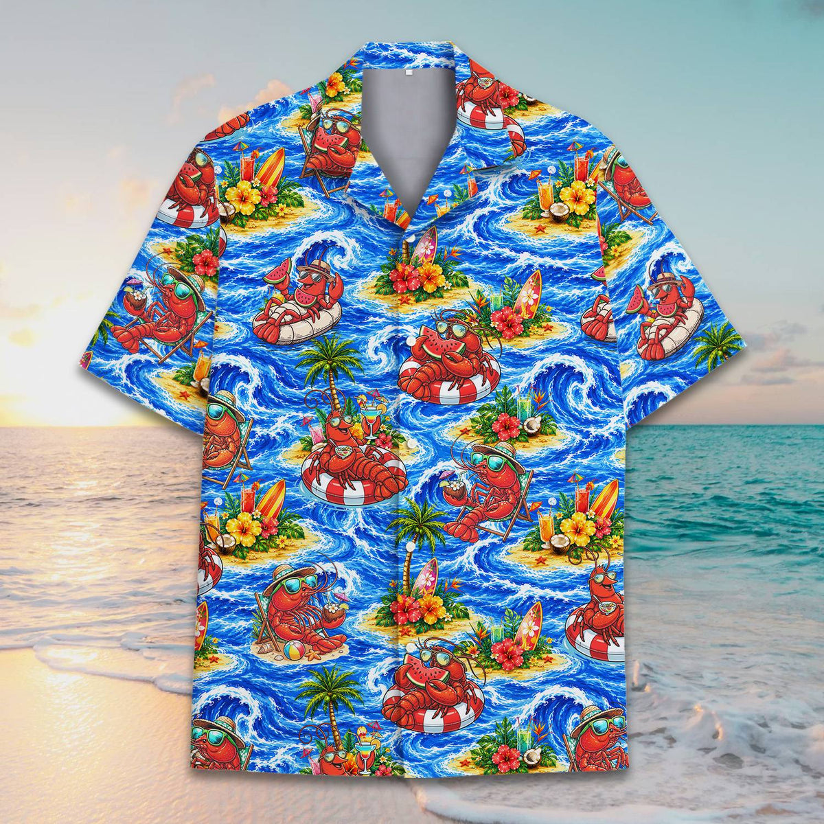 Bright blue and red tropical hawaiian shirt front view