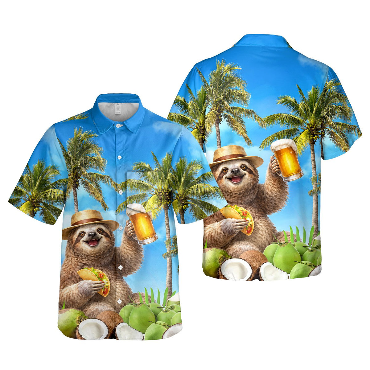 Front view of the sloth taco and beer tropical hawaiian shirt