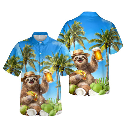 Main view of the tropical hawaiian shirt featuring a sloth with a taco and beer on a beach