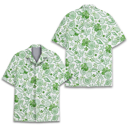 White Hawaiian shirt with green sketched seashells front view