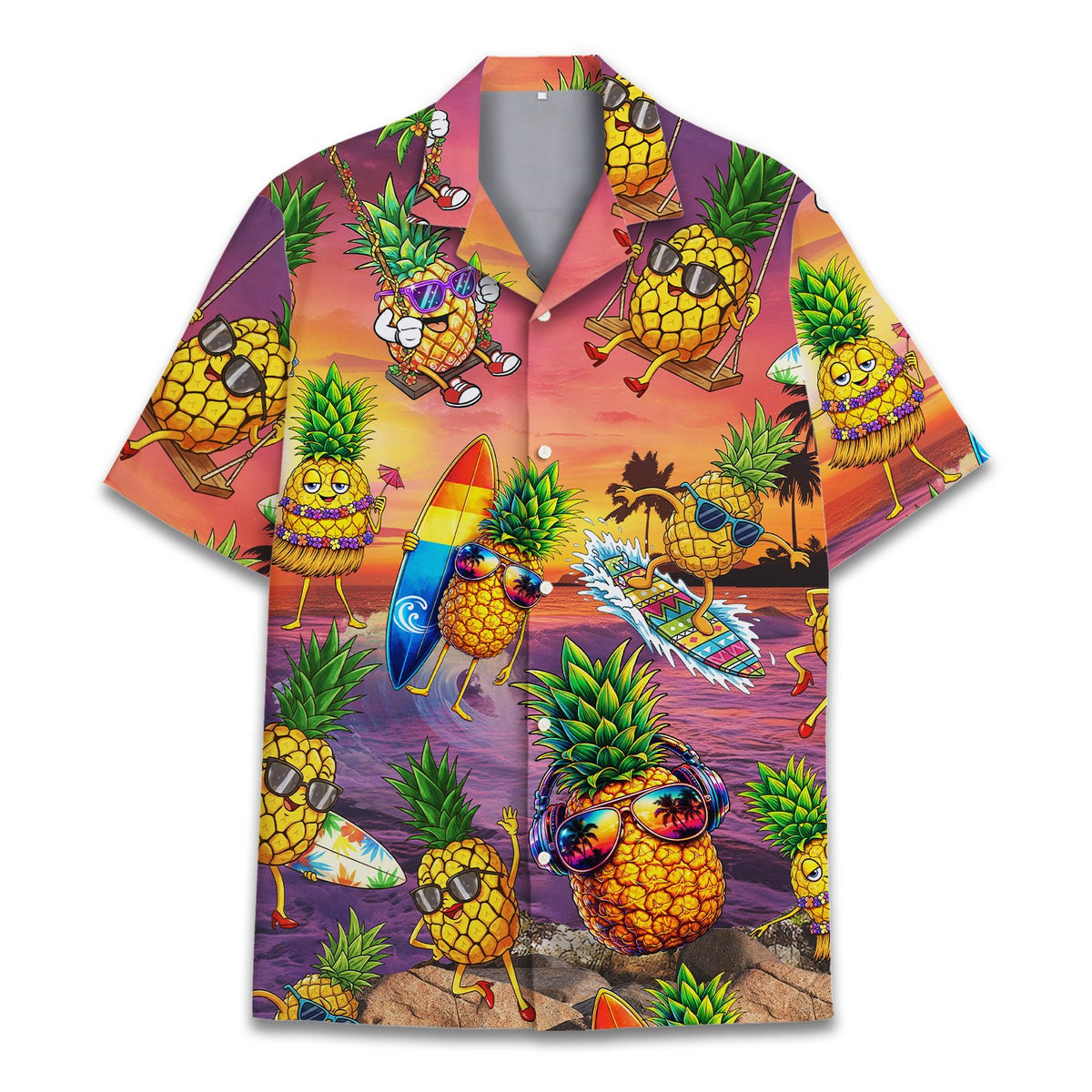 Main view of the tropical hawaiian shirt featuring surfing pineapples at sunset