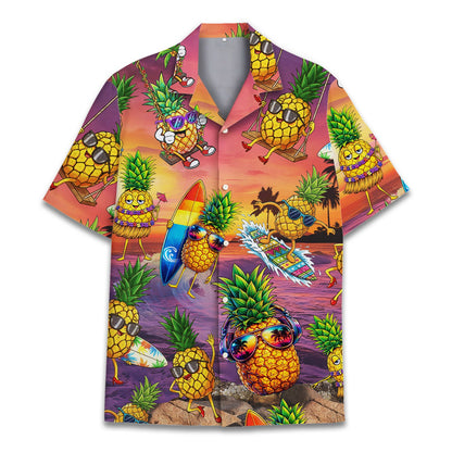Main view of the tropical hawaiian shirt featuring surfing pineapples at sunset