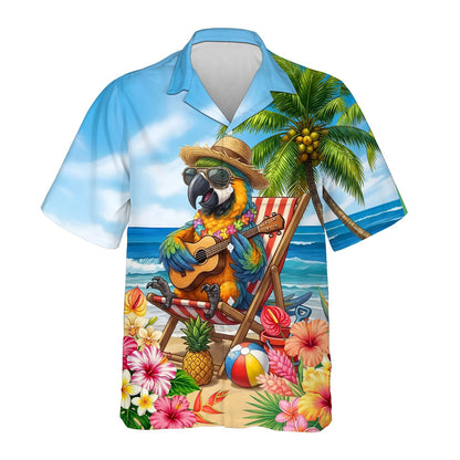 Front view of the tropical hawaiian shirt with beach and macaw design