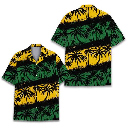 Matching family tropical hawaiian shirt with yellow, green, and black palm tree design, main view