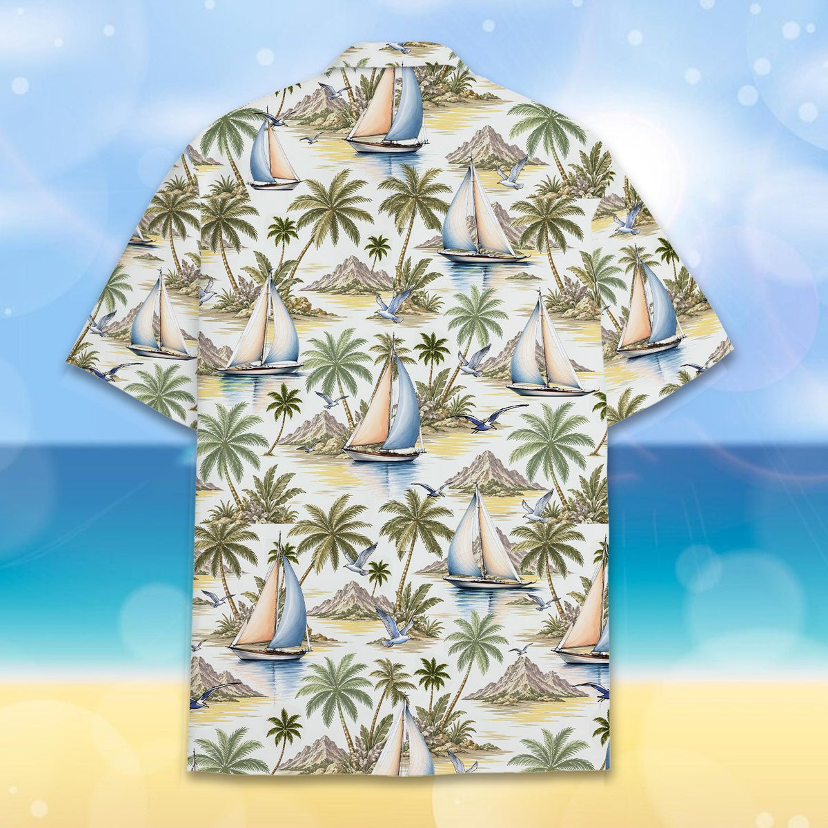 Main view of the all-over hawaiian shirt with a tropical sailboat scene