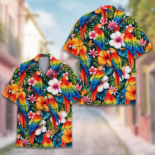Matching family hawaiian shirts featuring macaws and hibiscus flowers, main front view