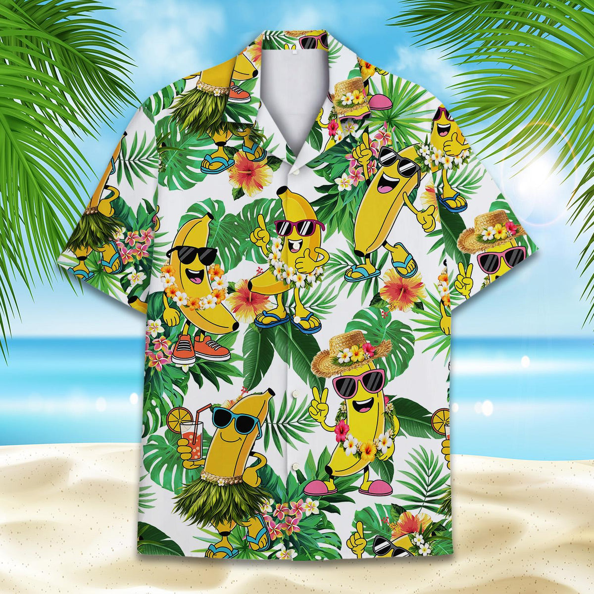 Matching family hawaiian shirts with cartoon bananas and tropical leaves on white background