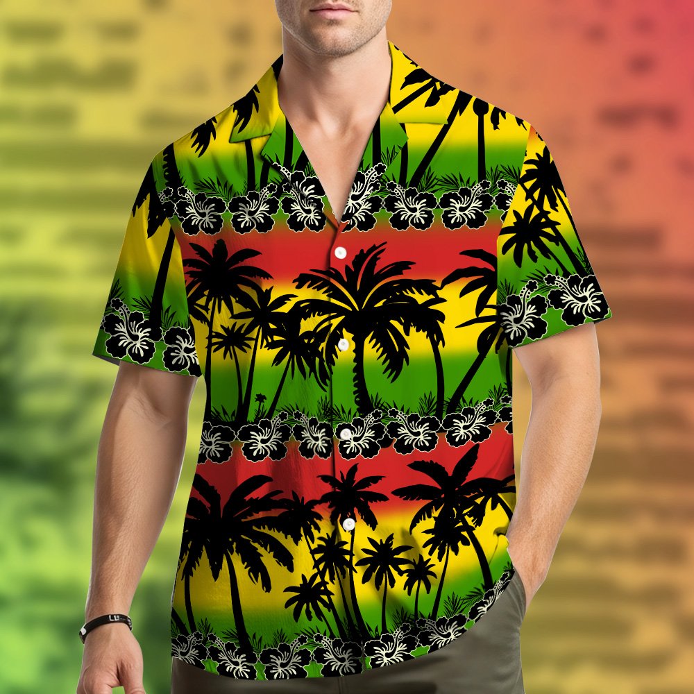 Tropical hawaiian shirt front view featuring black palm silhouettes