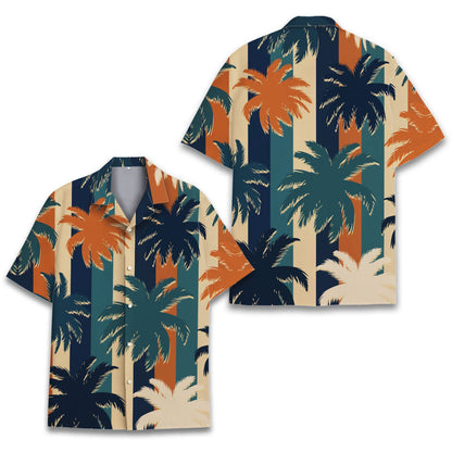 Front view of the tropical hawaiian shirt with tan, navy, teal, and orange stripes
