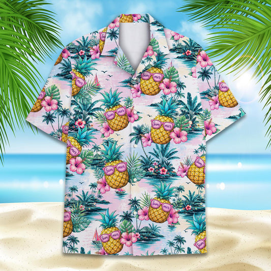 Tropical hawaiian shirt with pineapple and sunset print, main view