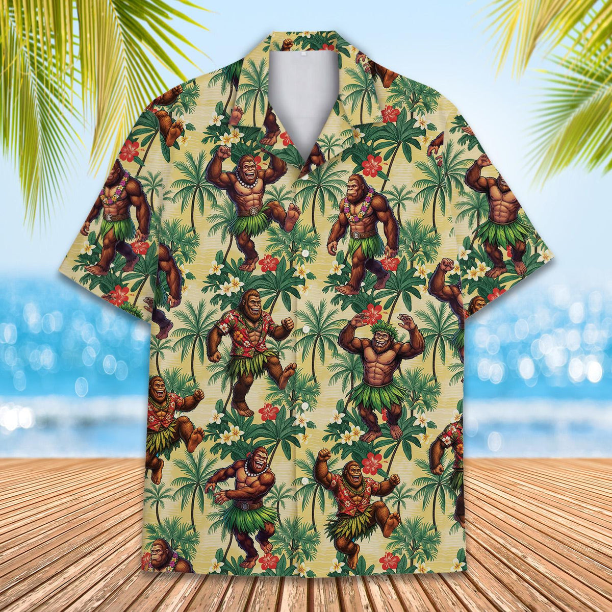 Matching family hawaiian shirts with dancing hula gorillas on a pale yellow background.