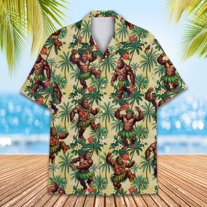 Matching family hawaiian shirts with dancing hula gorillas on a pale yellow background.