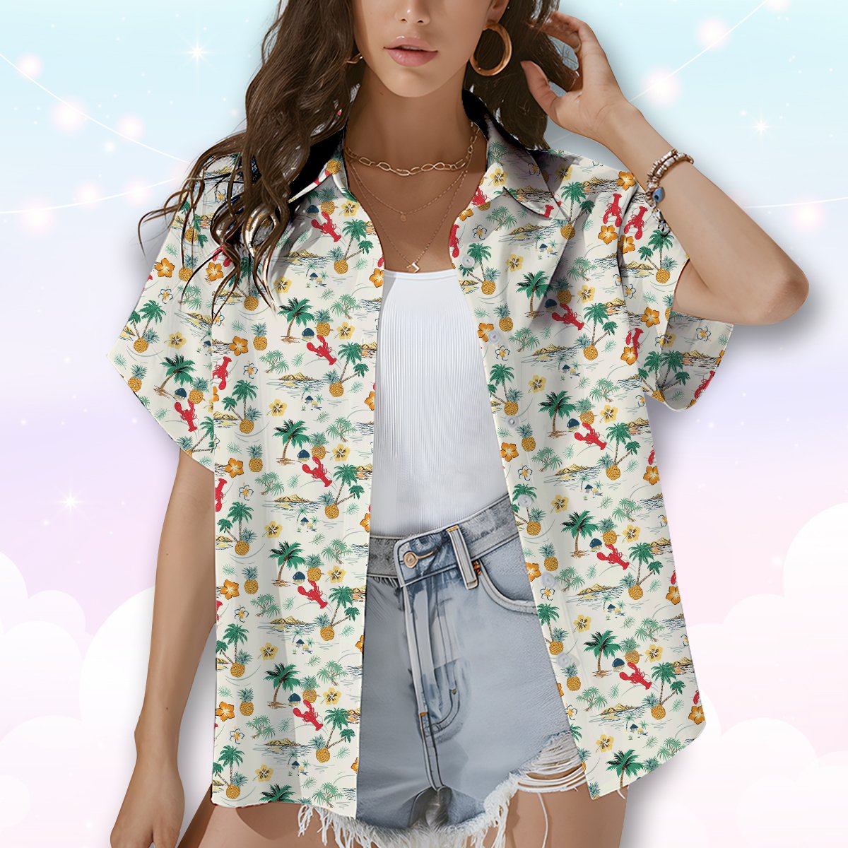 Light-colored hawaiian shirt featuring tropical lobster and pineapple pattern, main view
