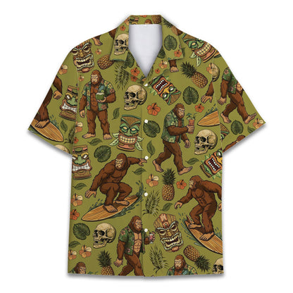 Custom all over print hawaiian shirt featuring Bigfoot and tropical elements on an olive green background, main view
