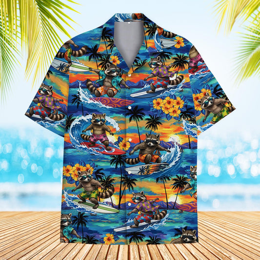 Matching family tropical hawaiian shirt with surfing raccoon and sunset design, front view