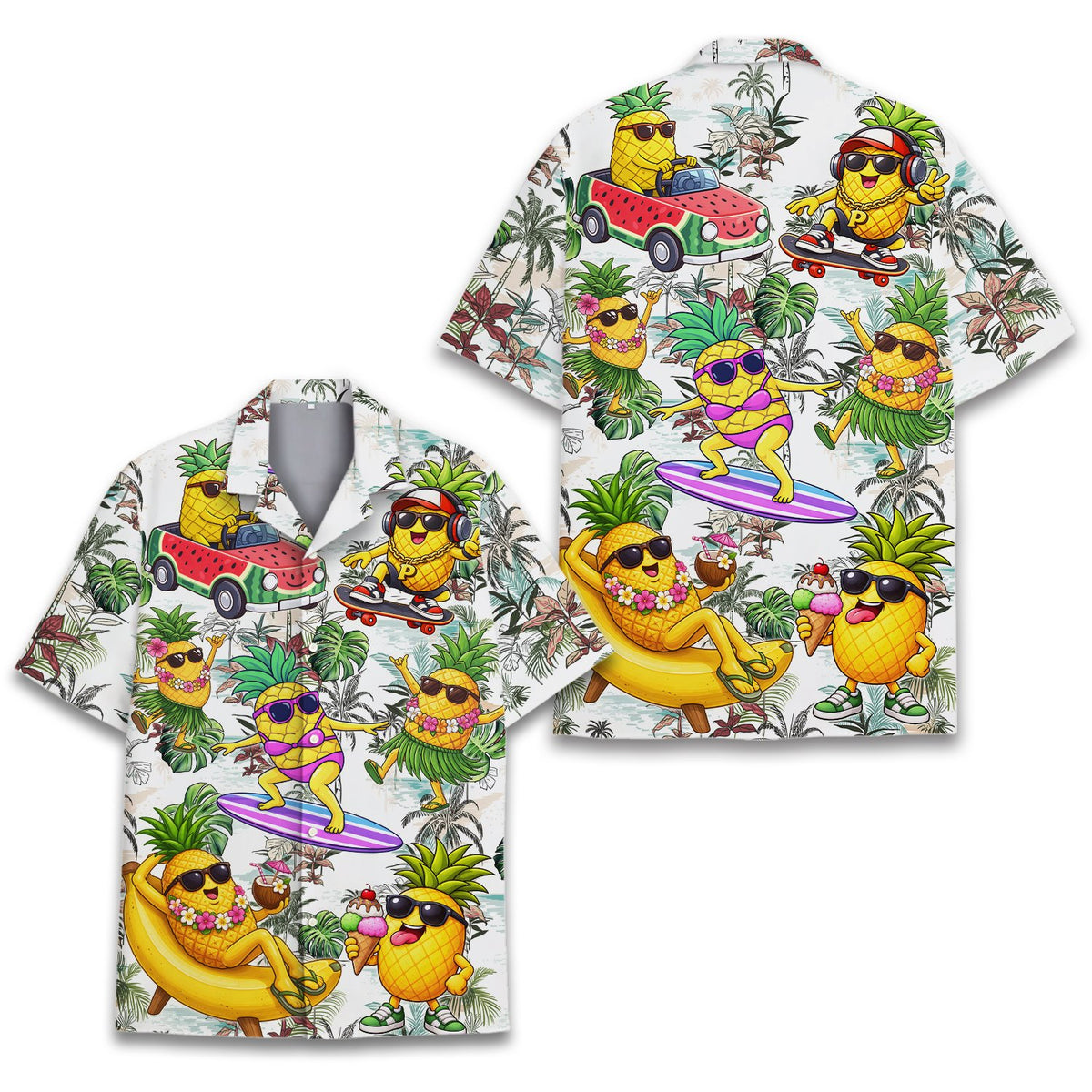 Front view of the white matching family hawaiian shirt with cartoon pineapples