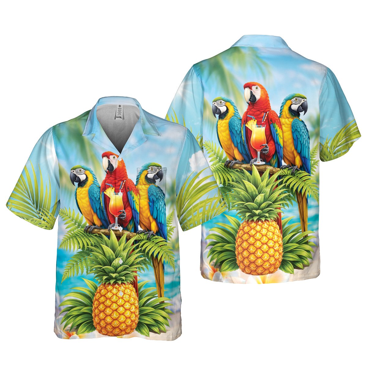 Tropical hawaiian shirt featuring a colorful macaw and pineapple beach scene, front view