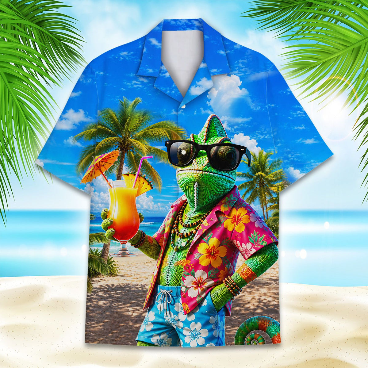 Blue tropical hawaiian shirt with chameleon beach design, main view