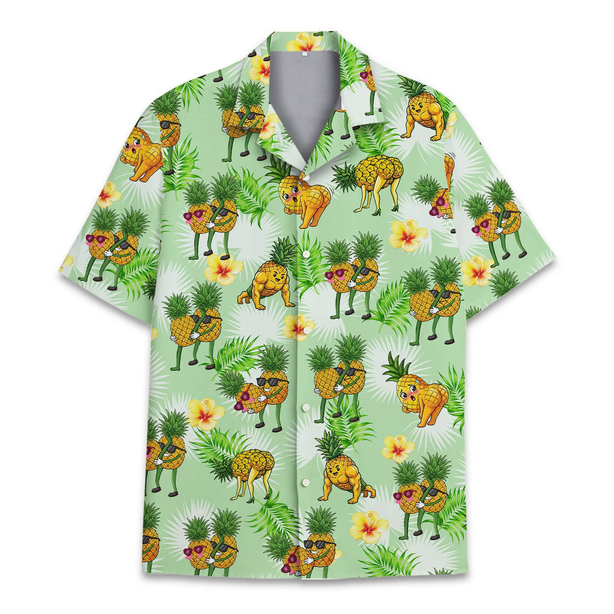 Tropical Hawaiian shirt featuring humorous pineapples on a light green background, front view