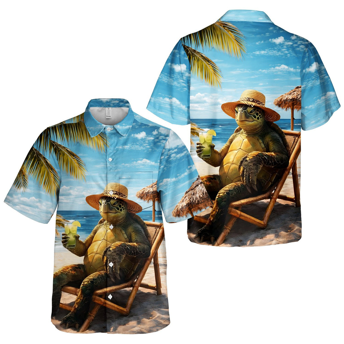 Tropical hawaiian shirt front view featuring sea turtle graphic