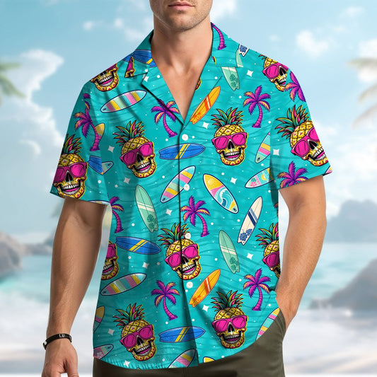 Vibrant hawaiian shirt with pineapple skull and surfboard design, front view