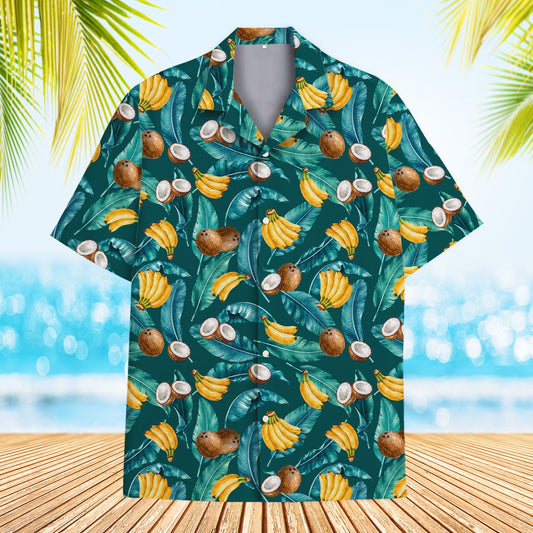 Matching family tropical hawaiian shirt with bananas and coconuts on teal background, main view