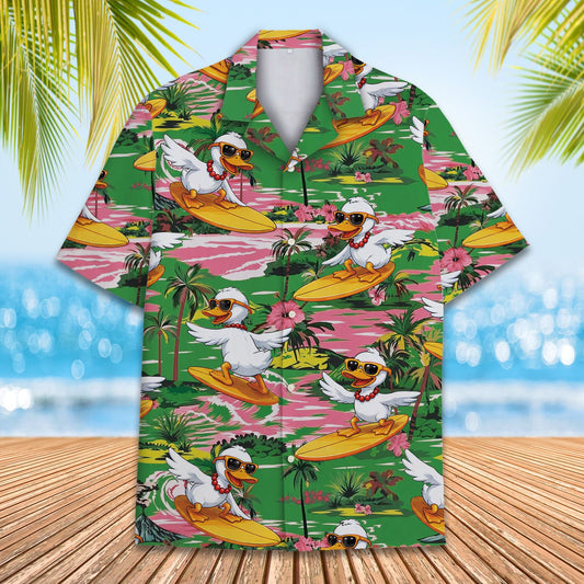 Tropical hawaiian shirt featuring a surfing duck pattern, main view