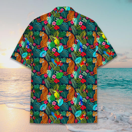 Matching family hawaiian shirts in tropical tiger and parrot print, main view
