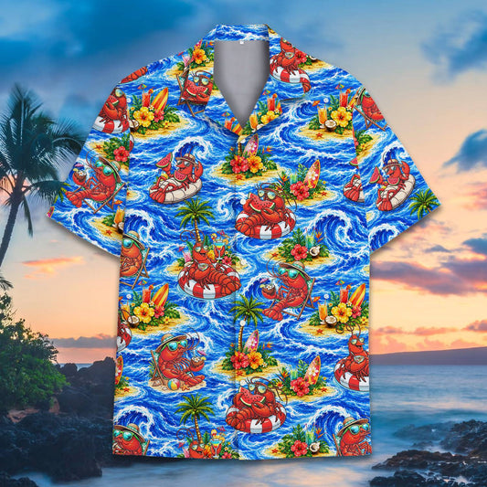 Matching family hawaiian shirts with tropical lobster print, main view