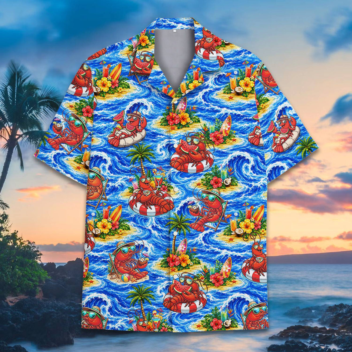 Front view of the tropical hawaiian shirt featuring sunglasses lobsters