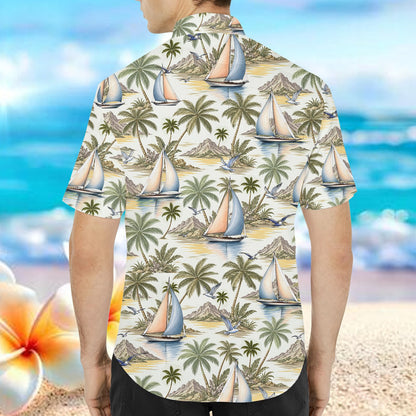 Second lifestyle view of a person wearing the tropical sailboat hawaiian shirt