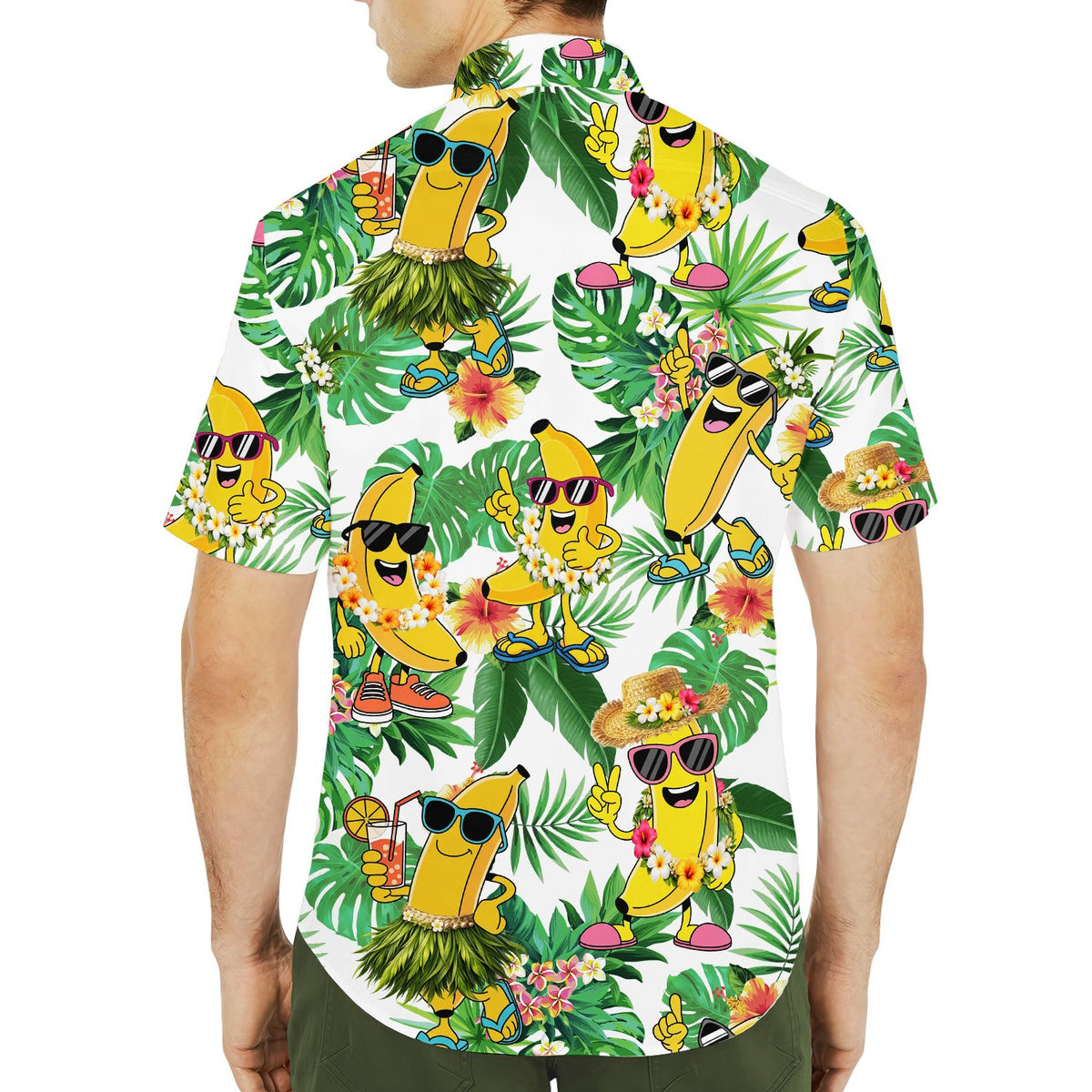 Second lifestyle view of the cartoon banana hawaiian shirt in a summer setting