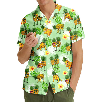 Another lifestyle shot featuring the light green tropical Hawaiian shirt outdoors