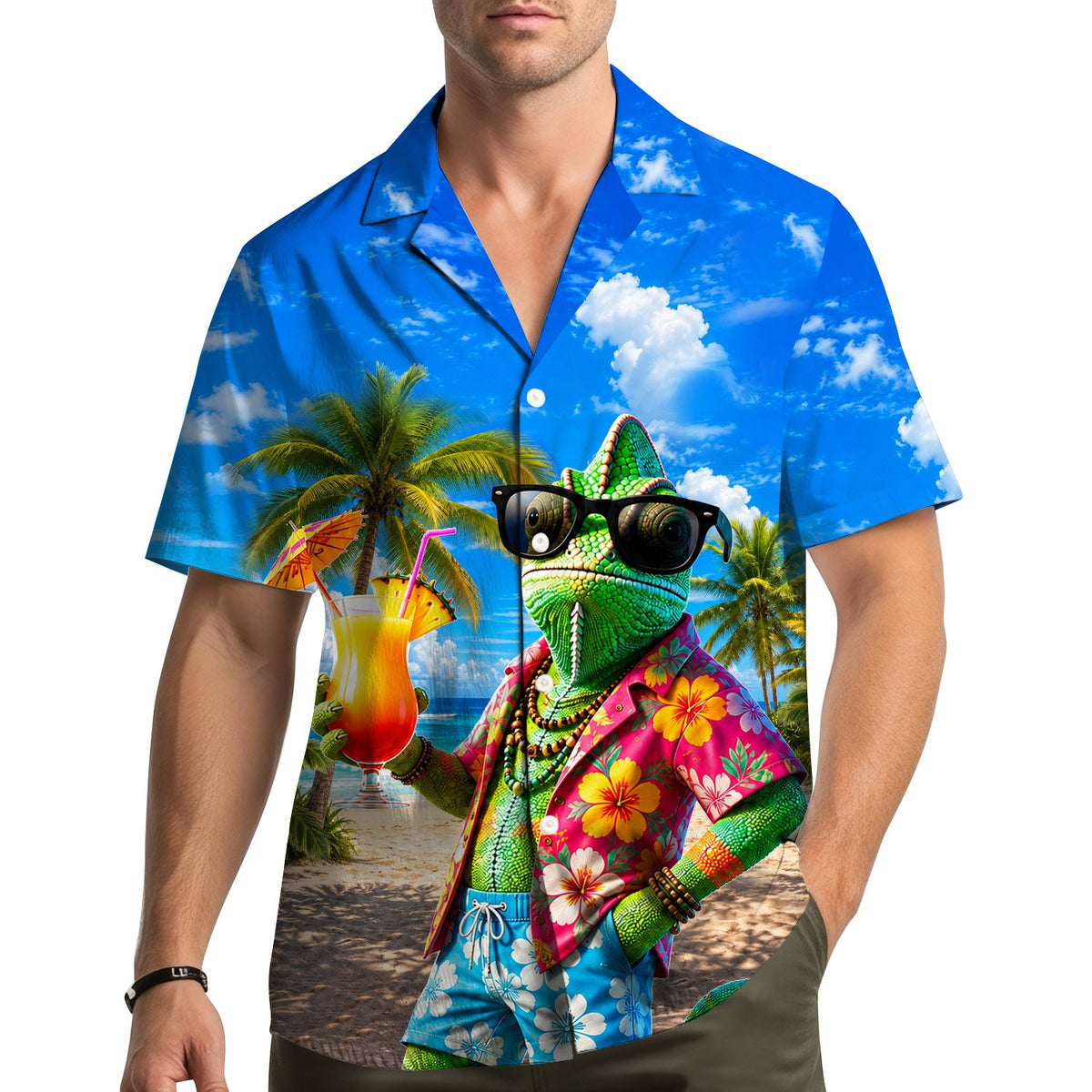 Third lifestyle view of the tropical hawaiian shirt