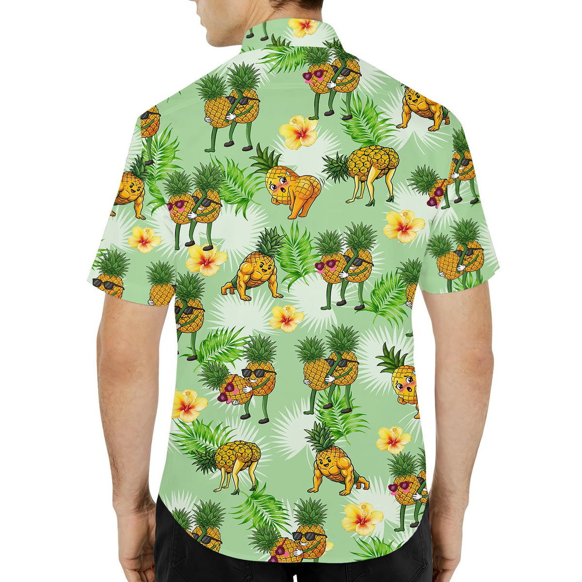 Third lifestyle view showing the comfortable fit of the humorous pineapple Hawaiian shirt
