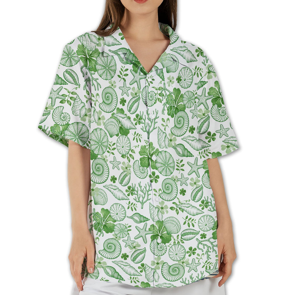 Family matching outfits white Hawaiian shirts with green sea life