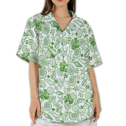 Family matching outfits white Hawaiian shirts with green sea life