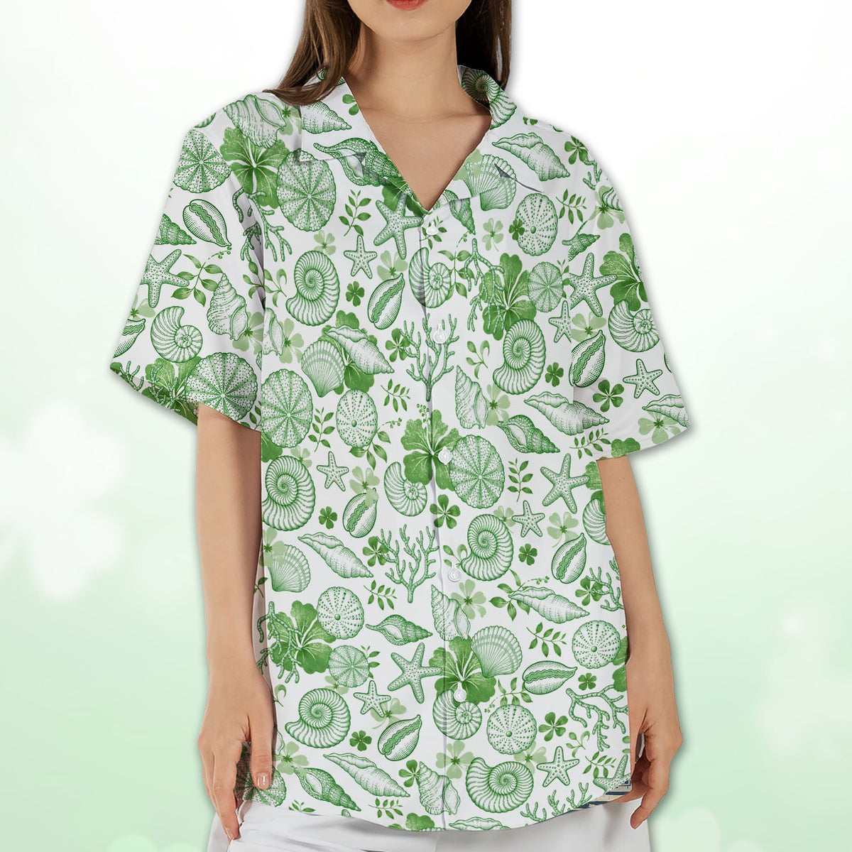 Matching family Hawaiian shirts white and green tropical print outdoors