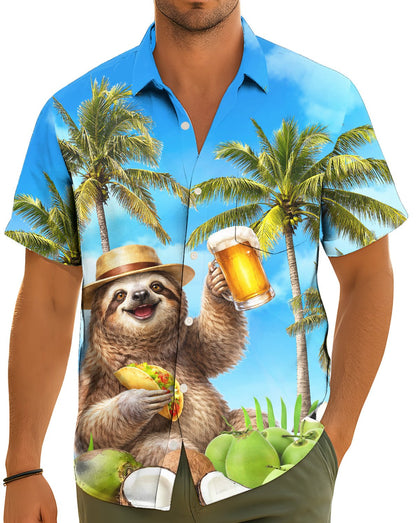 Lifestyle view of a person wearing the sloth tropical hawaiian shirt outdoors