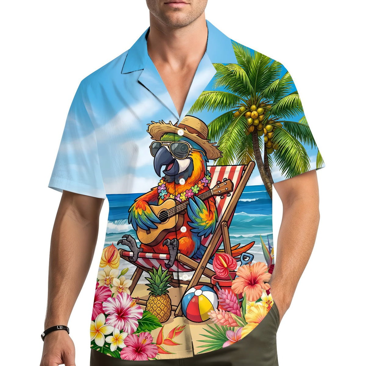 Lifestyle view of a person wearing the tropical hawaiian shirt on a summer day