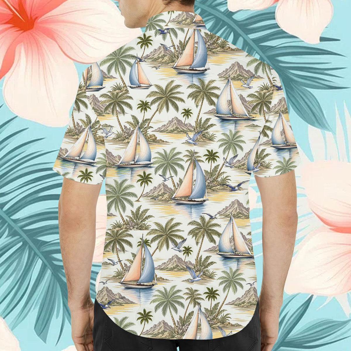 Lifestyle view of a person wearing the tropical hawaiian shirt