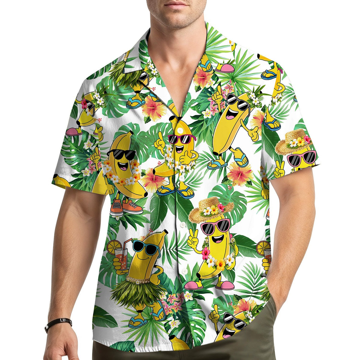 Lifestyle view of matching family hawaiian shirts outdoors