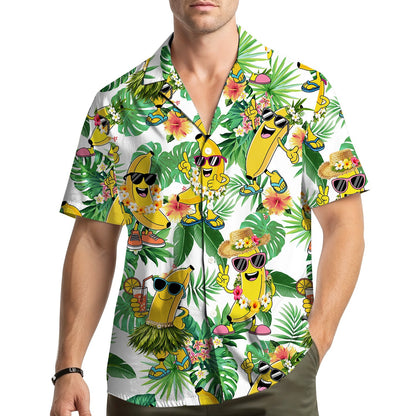 Lifestyle view of matching family hawaiian shirts outdoors