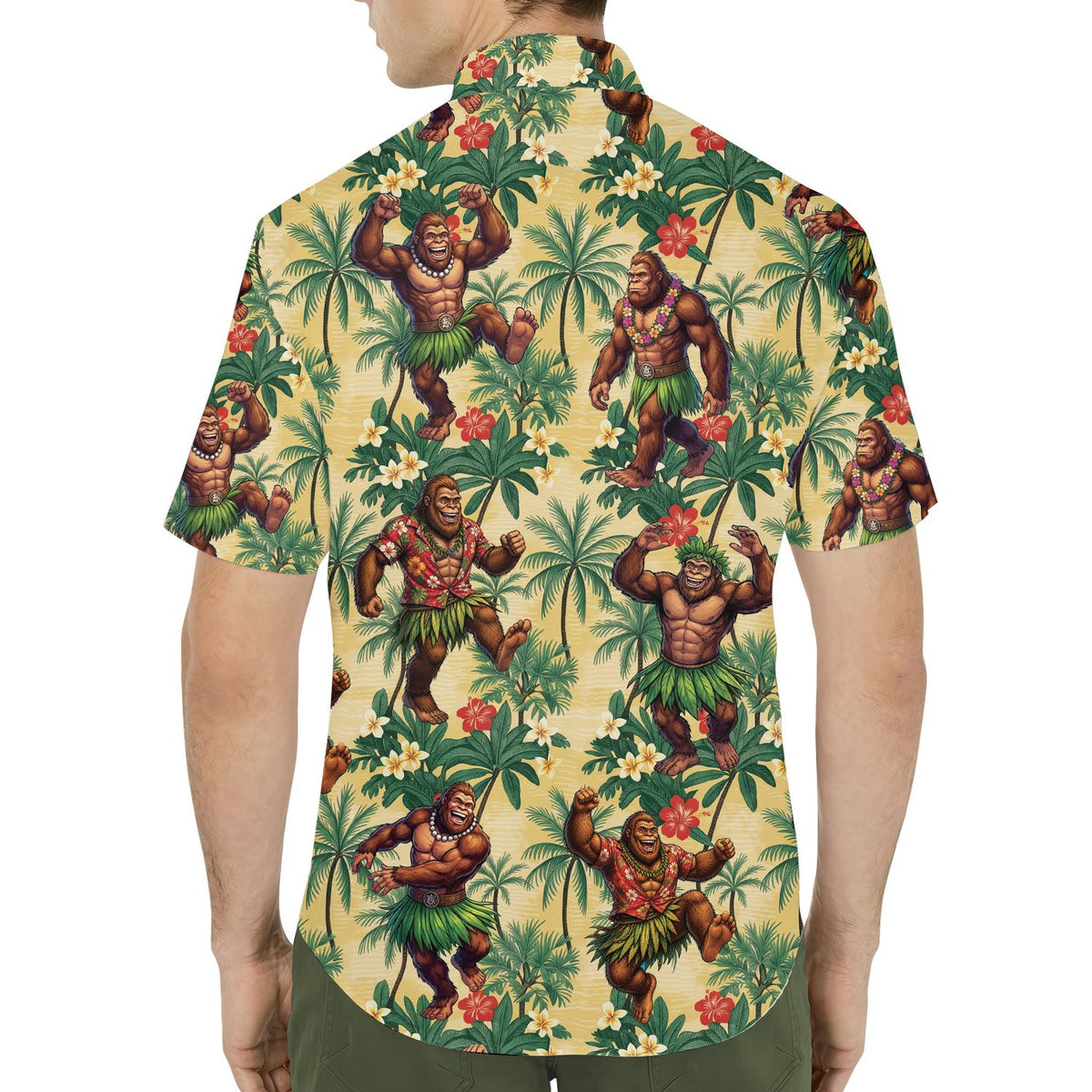 Lifestyle shot of someone wearing the dancing gorillas artwork hawaiian shirt outdoors.